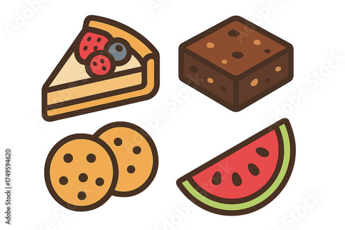 Isometric icons set of dessert and fruit snacks collection