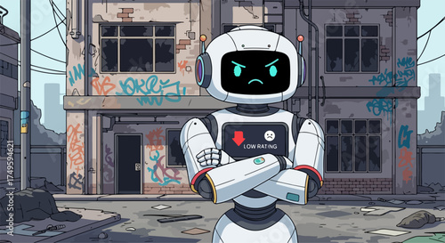 Vector illustration of a robot with an angry expression standing in a dilapidated urban environment with graffiti covered buildings and debris.