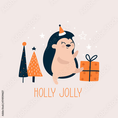 Festive card with a cheerful hedgehog, gifts, and a Christmas tree. Handwritten holiday lettering: "Holly Jolly"