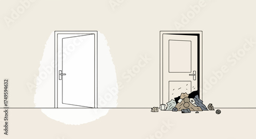 Monochromatic drawing shows **life decision** with two contrasting doors. Bright door suggests opportunity, messy door means problems, representing key **life decision**.