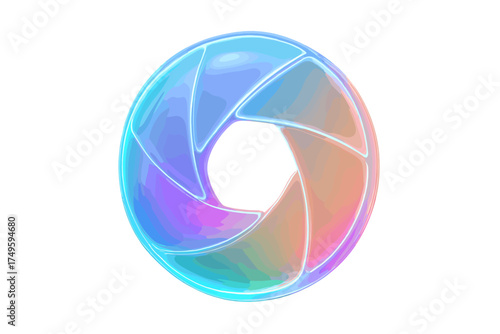 Iridescent camera aperture blades with glowing neon outline effect