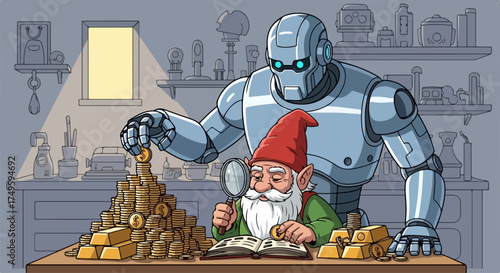 Robotic assistant helps traditional gnome manage AI finance, adding a gold coin to a meticulously stacked pile of shining gold coins and bars.