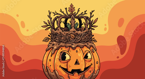 Smiling Halloween pumpkin character wearing crown of branches and leaves, against warm autumn background. This festive Halloween pumpkin illustration captures playful spirit of holiday.