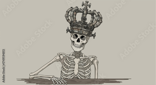 Crowned skeleton illustration with royal headwear resting on skull, bony fingers resting on edge. Detailed artwork shows a grinning crowned skeleton, emphasizing mortality and power symbol.