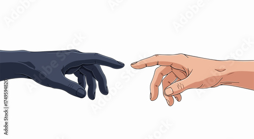Reaching hands illustration with two diverse palms extending towards each other. Dark hand and light hand almost touching fingertips, symbolizing unity and partnership.