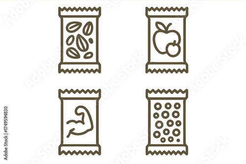 Four distinct snack bar icons featuring ingredient symbols
