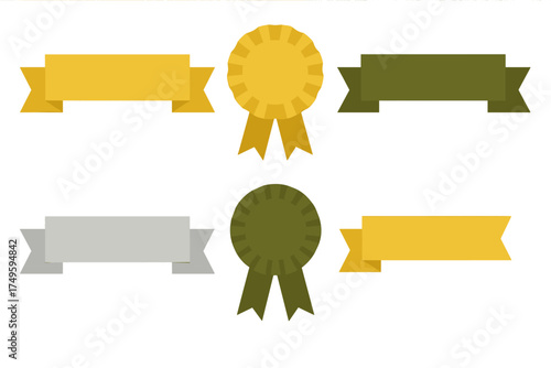 Assortment of blank award ribbons and banners in gold, olive green, and silver