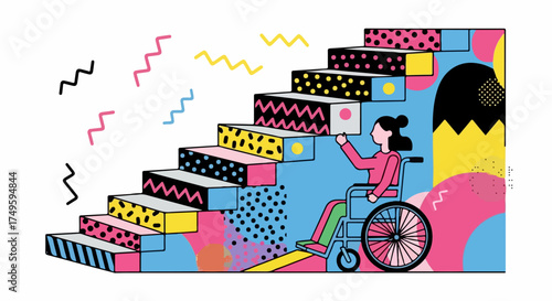 Bright illustration showing person in wheelchair on ramp, representing an accessibility solution for diverse needs.