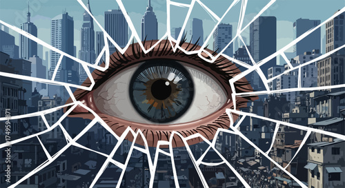 Broken glass eye reveals intense stare through shattered screen, complex urban cityscape background. Detailed broken glass eye reflects modern surveillance concepts.