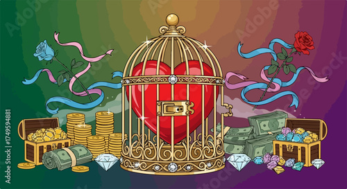 Love and money concept: heart caged in gold, surrounded by treasure chests, cash, diamonds, roses. Love and money illustration depicts emotional restriction versus material wealth,