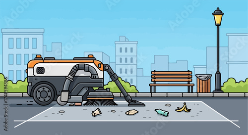 Street cleaning machine operating on city road, modern municipal vehicle sweeping up debris from urban sidewalk. Efficient street cleaning machine maintains cleanliness of public spaces,