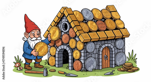 Gnome building money house with various coins on white background, small bearded gnome carefully places golden coins onto money house walls, tools lying on grass nearby.