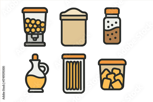 Collection of kitchen storage containers with dry food ingredient icons