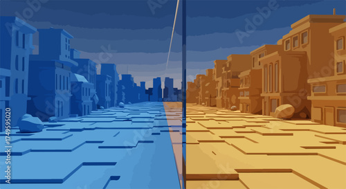 Abstract city landscape with contrasting blue and yellow colors, symbolizing division. Abstract city rendering captures dichotomy of urban spaces with opposing warm and cool tones.