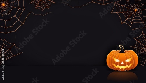 single glowing jack-o-lantern pumpkin on dark surface framed by orange spiderwebs with ample copy space, concept of spooky background, halloween party invitation, seasonal retail banner