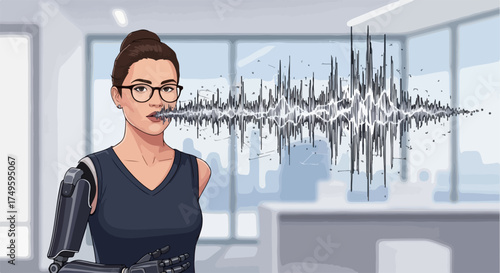 AI voice assistant illustration with woman in office setting and sound wave graphic. AI voice assistant is displayed with sleek, futuristic aesthetic.