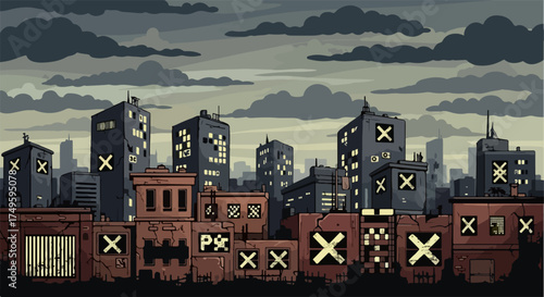 Pixel art city with dark buildings under cloudy sky providing urban aesthetics. Pixel art city design features urban buildings with various heights under dark, dramatic clouds, evokes solitude.