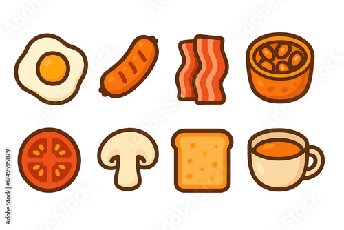 Set of traditional breakfast food icons featuring fried egg and sausage links