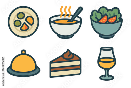 Stylized icons representing various food and drink items for culinary themes