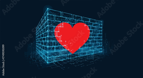 Heart firewall depicts security in digital space, with a digital wall protecting sensitive data, making it a heart firewall. Digital defense keeps cybersecurity safe.