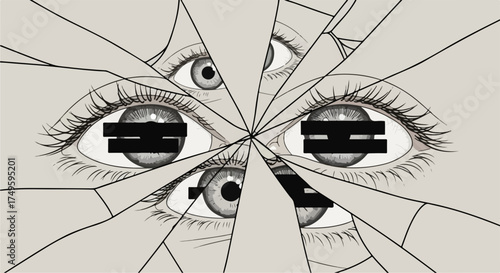Broken mirror reflecting eyes with censored marks, broken mirror fragments spread throughout. Eyes reflect suppressed emotion, hidden behind fractured reflections, implying a loss of sight.