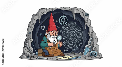 Gnome craftsman in cave with magnifying glass and blueprint drawings. Gnome craftsman is working on engineering details, surrounded by tools and gears.