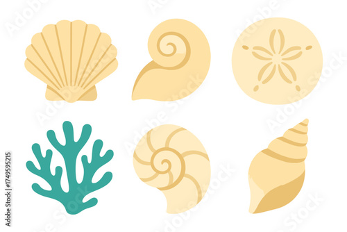 Collection of stylized seashells and sea life icons on white background