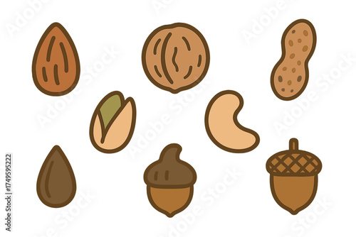 Stylized icons of various edible nuts and seeds assortment