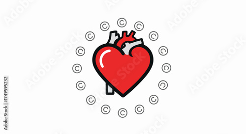 Heart health illustration featuring an anatomical heart surrounded by copyright symbols for informational design. Anatomical heart in bright red contrasts, underscoring message about heart health.