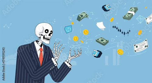 Illustration showing financial ruin, skeleton in a suit facing falling money and documents. Financial ruin symbolized by skeleton conveys economic collapse and market downturn. Explore financial ruin,