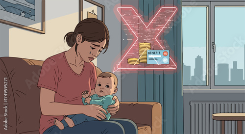 Postpartum depression, featuring new mother sitting on sofa with child near neon sign and sad expression. Postpartum depression affects family, new mom struggles with mental health,