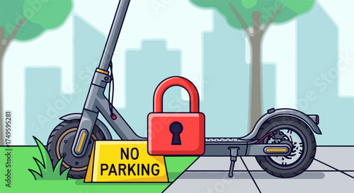 Electric scooter parking, a modern city transport blocked with red lock next to a no parking sign. Electric scooter parking demonstrates transportation issues, urban living, and parking regulations,