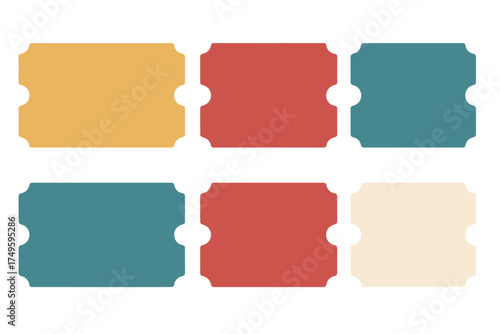 Six blank vintage ticket stubs with rounded corners for retro design