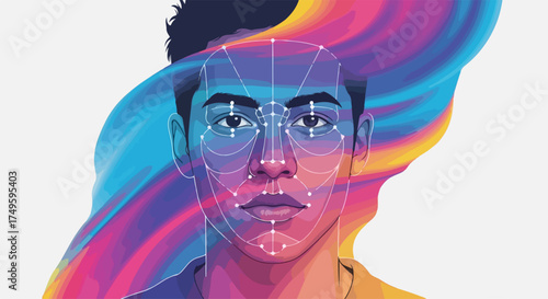 Facial recognition software displaying face data against colorful swirls. Artificial intelligence shows face scanning technology against background.