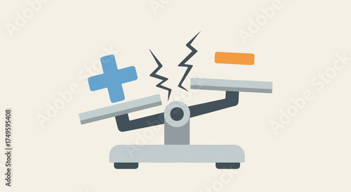 Plus minus concept displayed with unstable scale showing imbalance, plus minus depicted with a plus sign outweighing minus sign, indicating positive outcomes overcoming negatives.