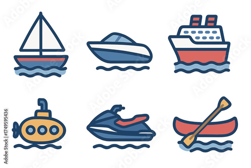 Set of six colorful water transport icons including sailboat, yacht, cruise ship, submarine, jet ski, and canoe