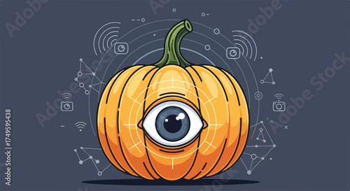Halloween pumpkin with eye icon on dark background, creative Halloween pumpkin illustration. Spooky illustration with Halloween pumpkin with eye symbol, for those who love all things scary.