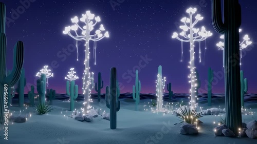 Desert Nightscape with Illuminated Cacti and Sparkling Lights.