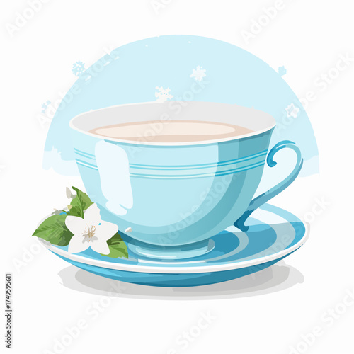 Blue teacup illustration with tea saucer flower and snowflakes