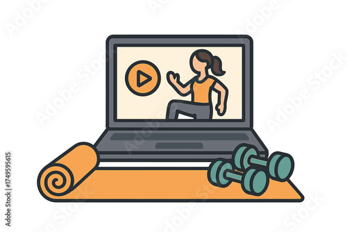 Laptop screen displaying online fitness class with yoga mat and dumbbells