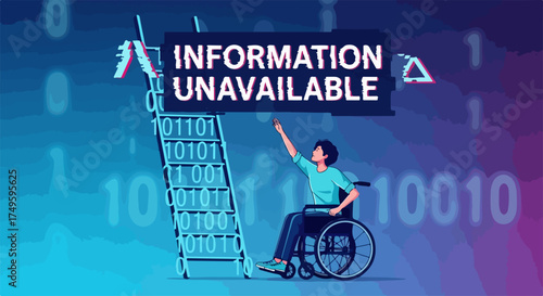Information unavailable digitally shown with person in wheelchair and digital sign. Information unavailable represented symbolically with binary code ladder.