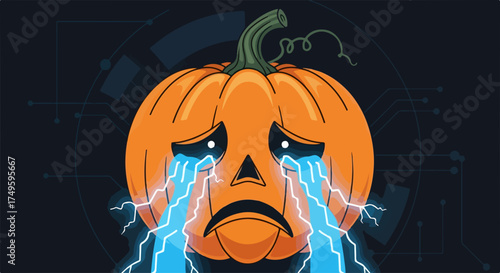 Crying pumpkin illustration with blue lightnings symbolizing sadness, a Halloween concept. Sadness is depicted in this digitally generated illustration with crying pumpkin.
