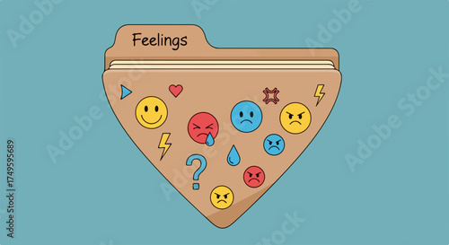 Feelings folder full of emoticons represents emotional organization, categorization of feelings and diverse emotional states. Feelings concept conveys psychological complexity with varied expressions.
