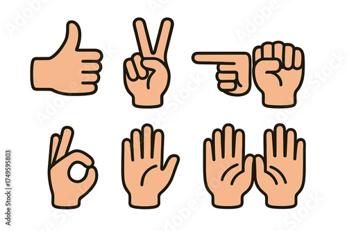 Set of common hand gestures icons including thumbs up peace sign pointing fist and okay