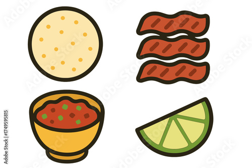 Set of four simple icons for taco ingredients including tortilla bacon salsa and lime