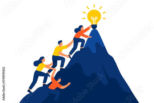 Diverse team ascending steep mountain toward bright idea symbol