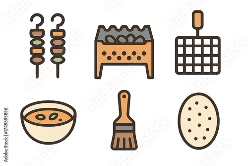 Set of barbecue cooking tools and ingredients line icons