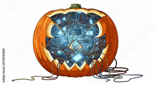 Carved pumpkin for Halloween displays a futuristic, mechanical interior, showcasing Halloween traditions with a modern twist. Carved pumpkin illuminated by glowing components.