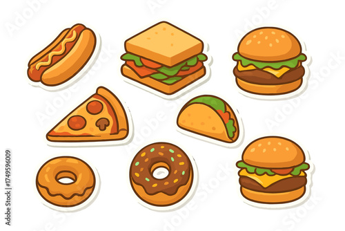 Cute fast food icons set with burgers, pizza, hot dog, taco, and donuts