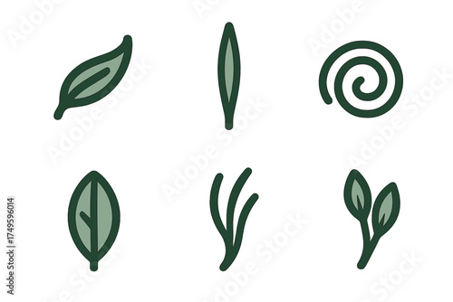 Stylized green leaf and nature icons in simple outline style